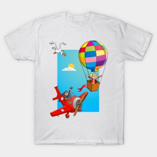 Cartoon style drawing of a girl in a balloon and a red airplane. T-Shirt